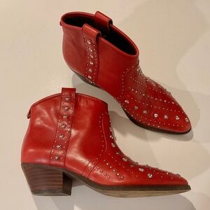 SAM EDELMAN Brian Western Studded Boot Red Leather Size 7
